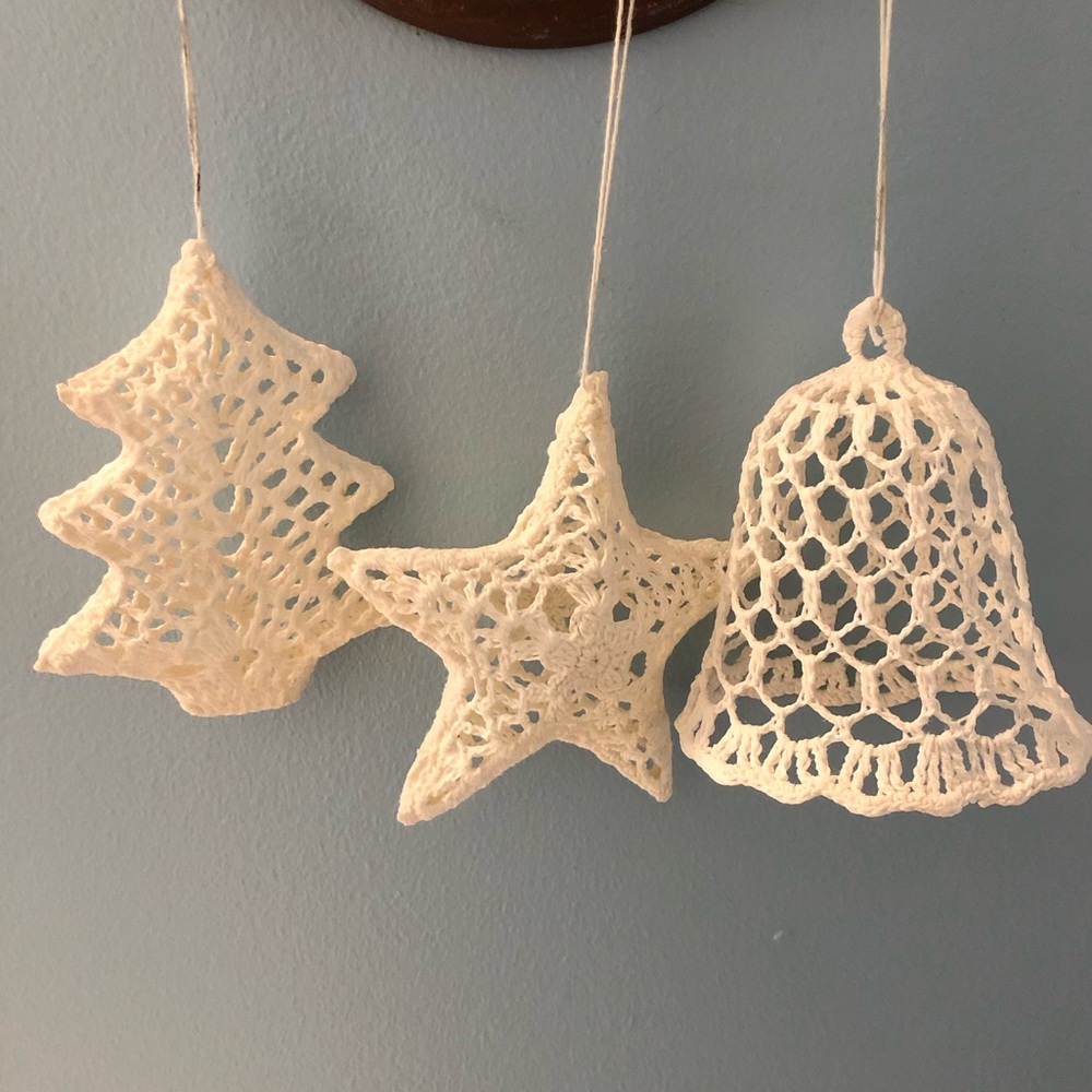 Vintage 1990’s Hand Crafted Crocheted Christmas Ornaments, (3)